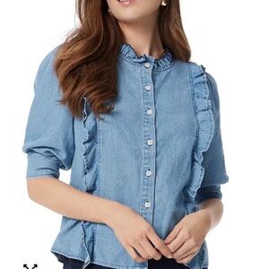 Sam Edelman Women's Blue Alice Ruffled Button Down Front Shirt With Puff Elbow